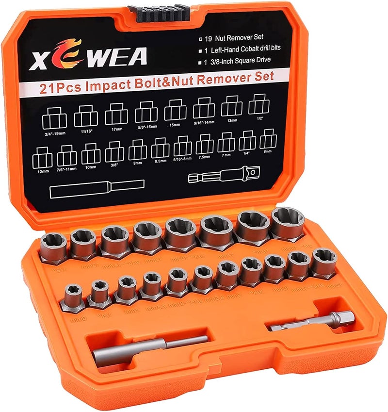XEWEA 21PCS Bolt Nut Extractor Set, 3/8" Drive Easy Out Broken Lug Nut Extraction Remover Socket Set for Damaged, Frozen,Studs,Rusted, Rounded-Off Bolts & Nuts Screws - Image 1